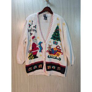 Vintage Beldoch Popper Ugly Christmas Button Up Sweater White Free Santa 3X FLAW